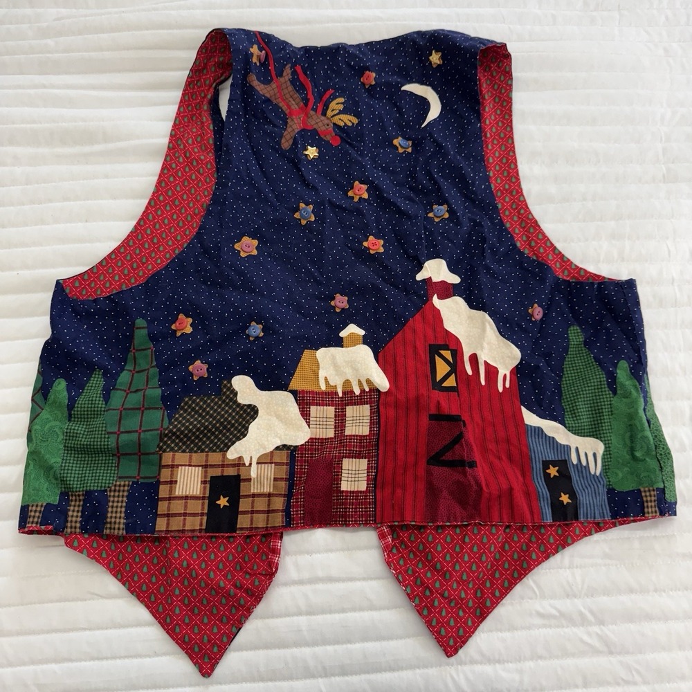 Vintage Handmade Quilted Reversible Christmas Vest Santa Size XL/1X - Picture 2 of 5